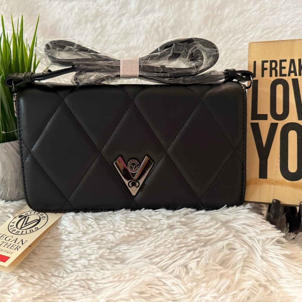 NWT Valentino Orlandi Black Diamond Quilted Crossbody Handbag